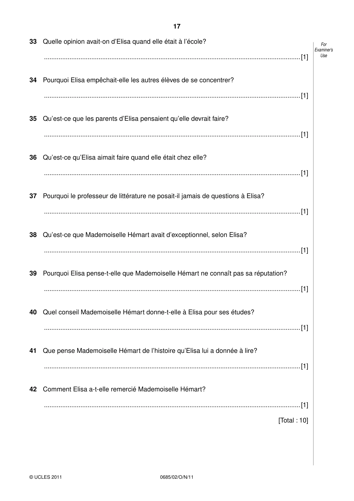 Cambridge IGCSE French - Foreign Language (UK) 0685 2011 Oct/Nov Paper 2 · Variant 1 question paper, page 17 of 20