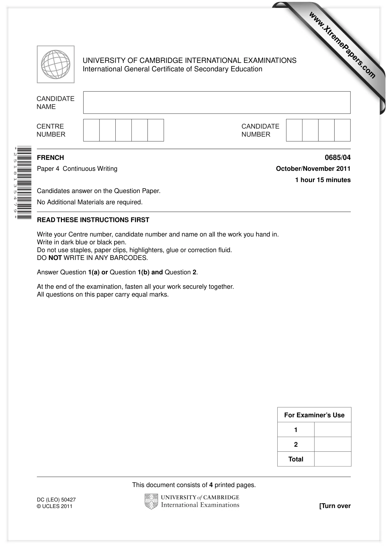 Cambridge IGCSE French - Foreign Language (UK) 0685 2011 Oct/Nov Paper 4 · Variant 1 question paper, page 1 of 4