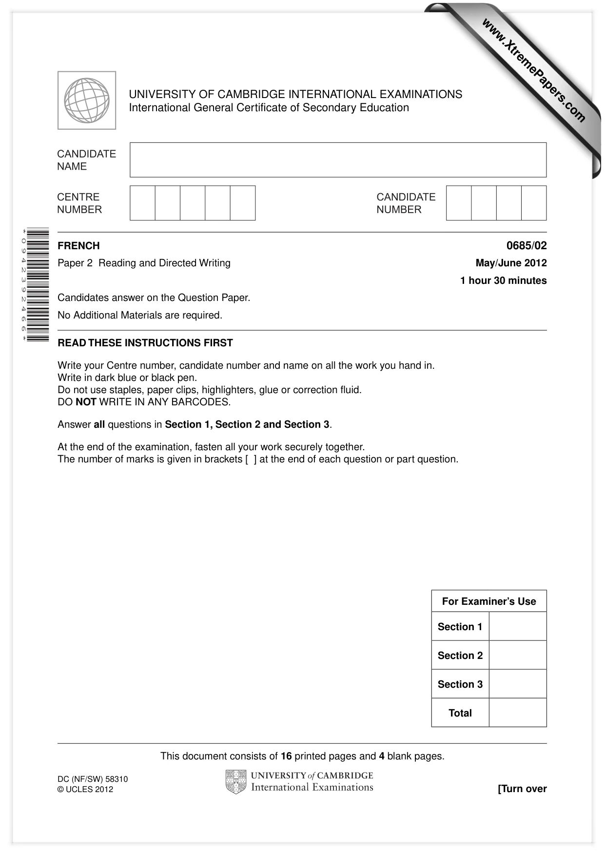 Cambridge IGCSE French - Foreign Language (UK) 0685 2012 May/June Paper 2 · Variant 1 question paper, page 1 of 20