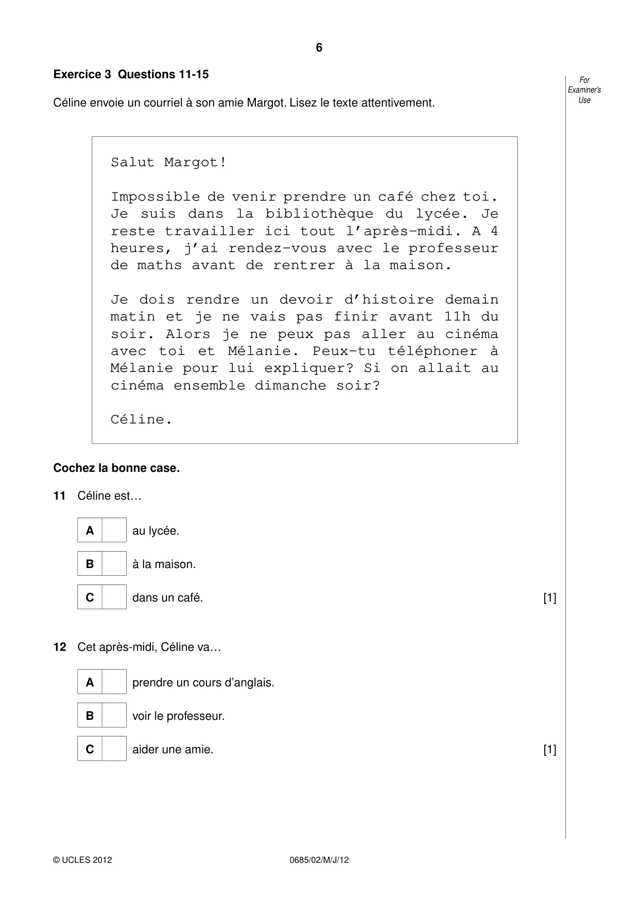 Cambridge IGCSE French - Foreign Language (UK) 0685 2012 May/June Paper 2 · Variant 1 question paper, page 6 of 20