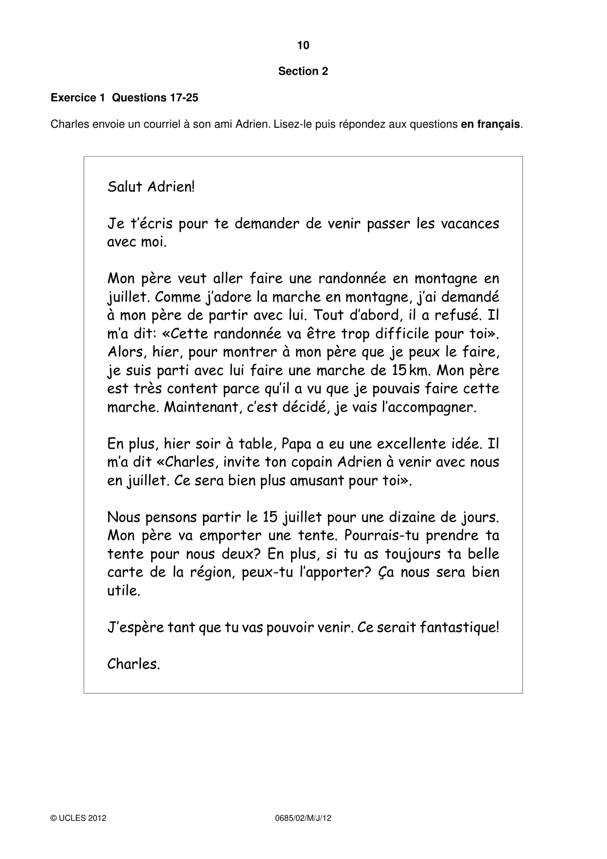 Cambridge IGCSE French - Foreign Language (UK) 0685 2012 May/June Paper 2 · Variant 1 question paper, page 10 of 20