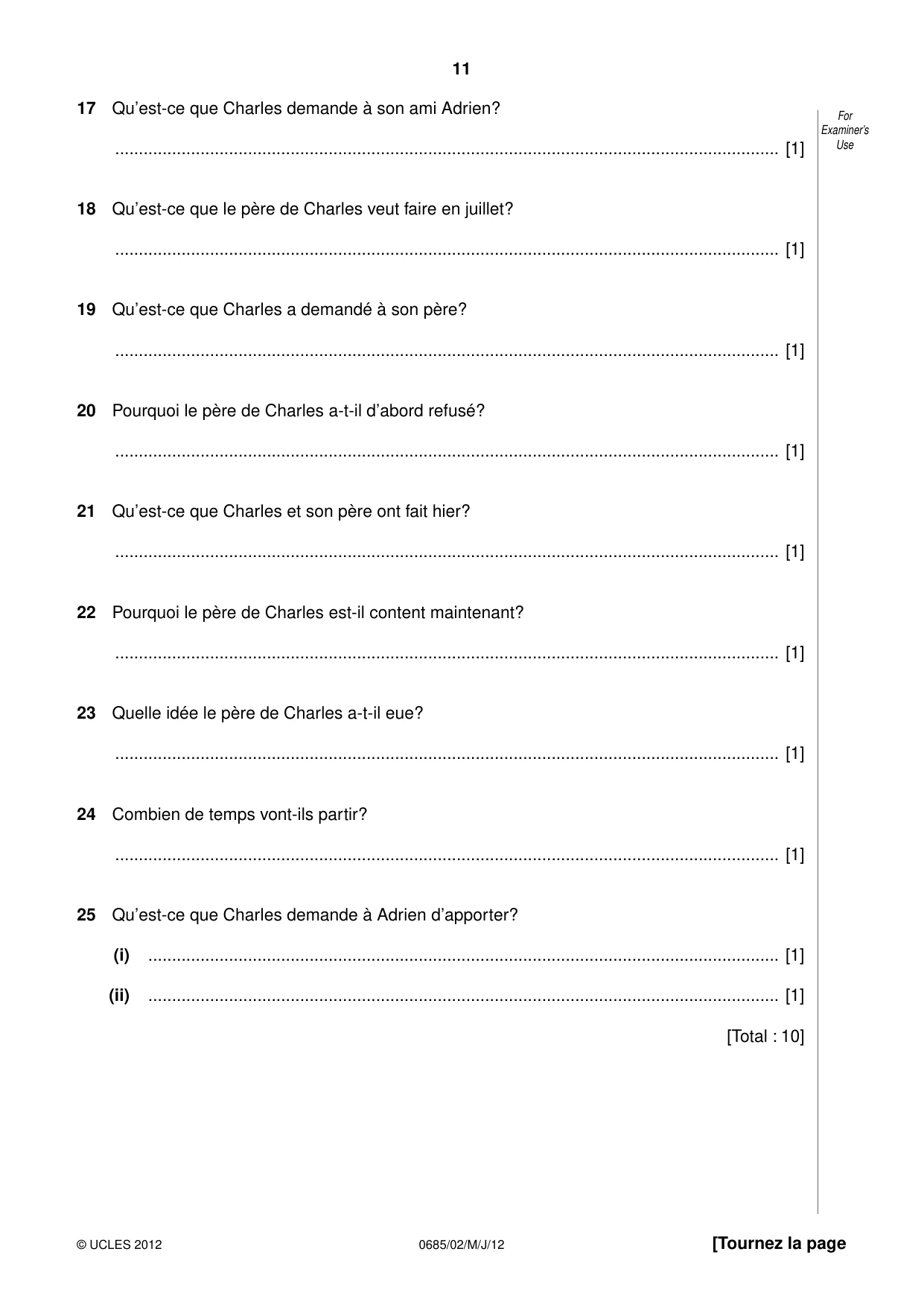Cambridge IGCSE French - Foreign Language (UK) 0685 2012 May/June Paper 2 · Variant 1 question paper, page 11 of 20