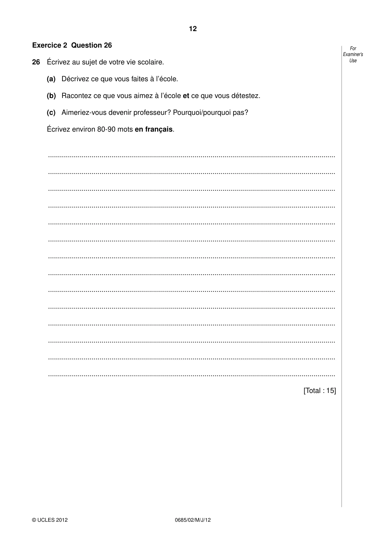 Cambridge IGCSE French - Foreign Language (UK) 0685 2012 May/June Paper 2 · Variant 1 question paper, page 12 of 20