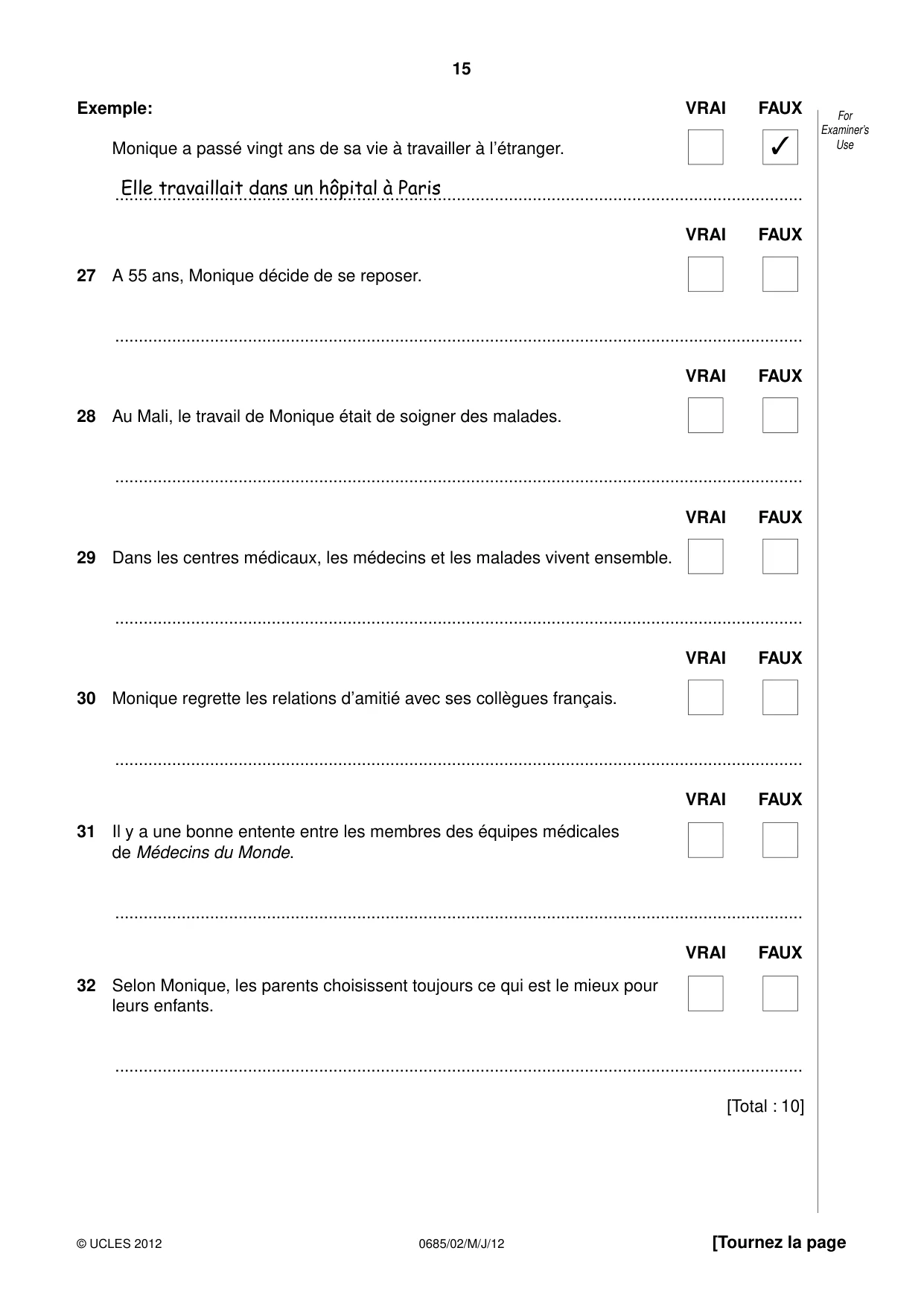 Cambridge IGCSE French - Foreign Language (UK) 0685 2012 May/June Paper 2 · Variant 1 question paper, page 15 of 20