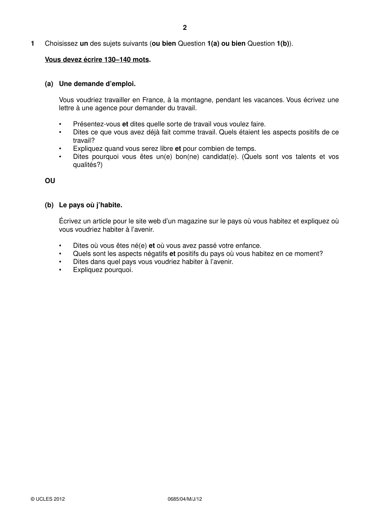 Cambridge IGCSE French - Foreign Language (UK) 0685 2012 May/June Paper 4 · Variant 1 question paper, page 2 of 4