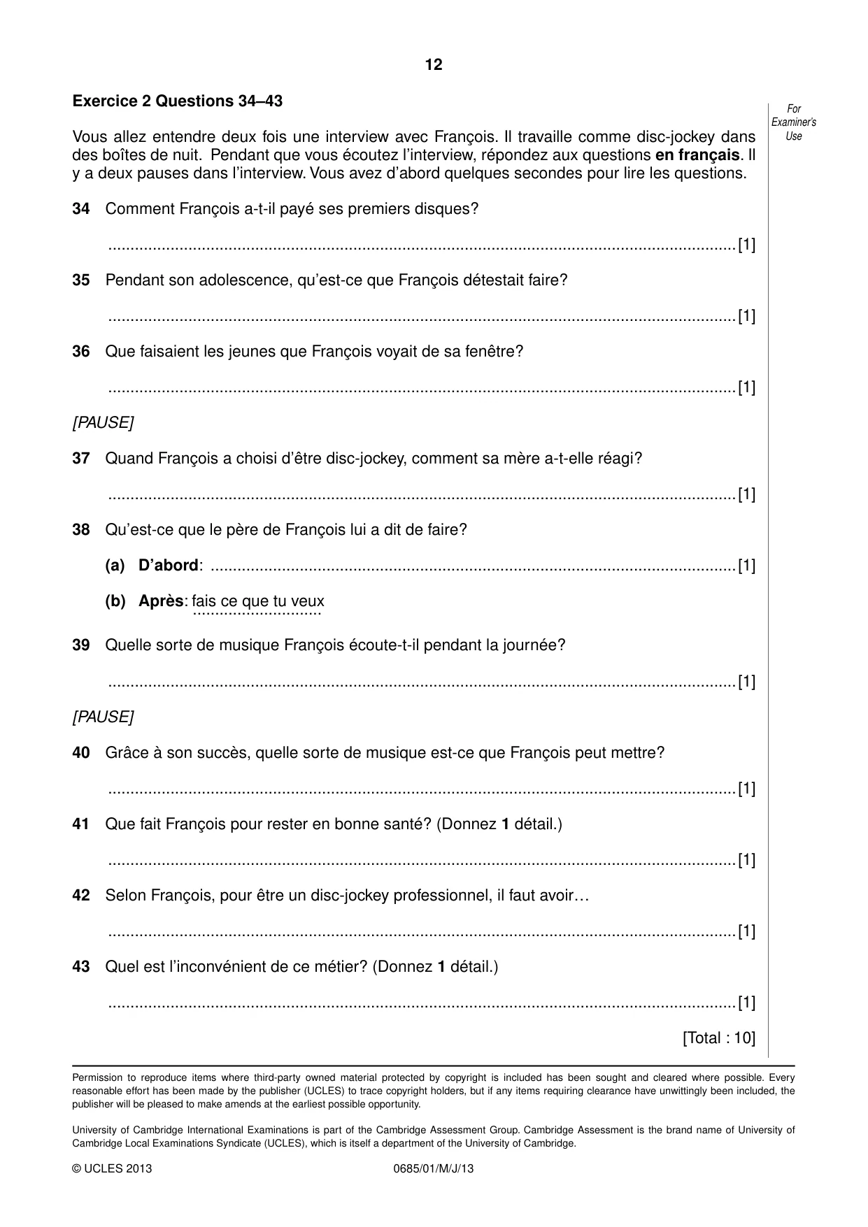 Cambridge IGCSE French - Foreign Language (UK) 0685 2013 May/June Paper 1 · Variant 1 question paper, page 12 of 12
