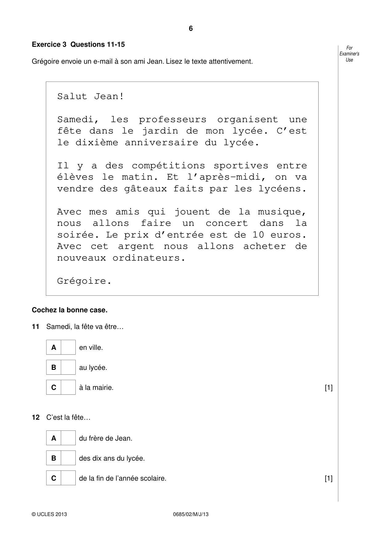 Cambridge IGCSE French - Foreign Language (UK) 0685 2013 May/June Paper 2 · Variant 1 question paper, page 6 of 20