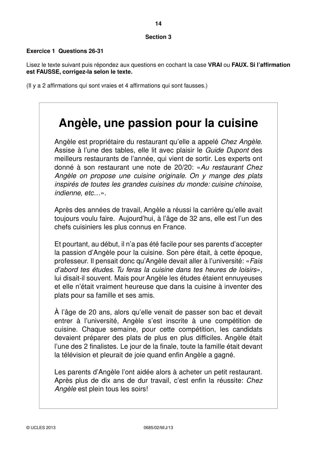 Cambridge IGCSE French - Foreign Language (UK) 0685 2013 May/June Paper 2 · Variant 1 question paper, page 14 of 20