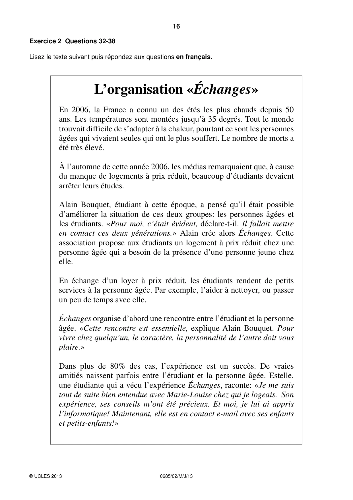 Cambridge IGCSE French - Foreign Language (UK) 0685 2013 May/June Paper 2 · Variant 1 question paper, page 16 of 20