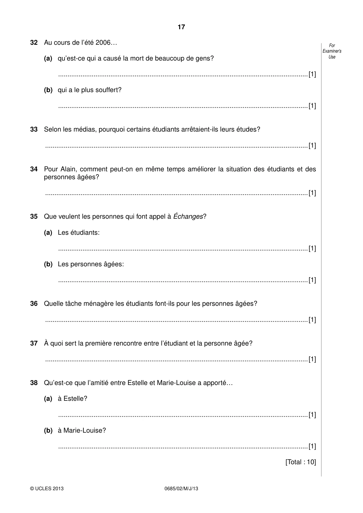 Cambridge IGCSE French - Foreign Language (UK) 0685 2013 May/June Paper 2 · Variant 1 question paper, page 17 of 20