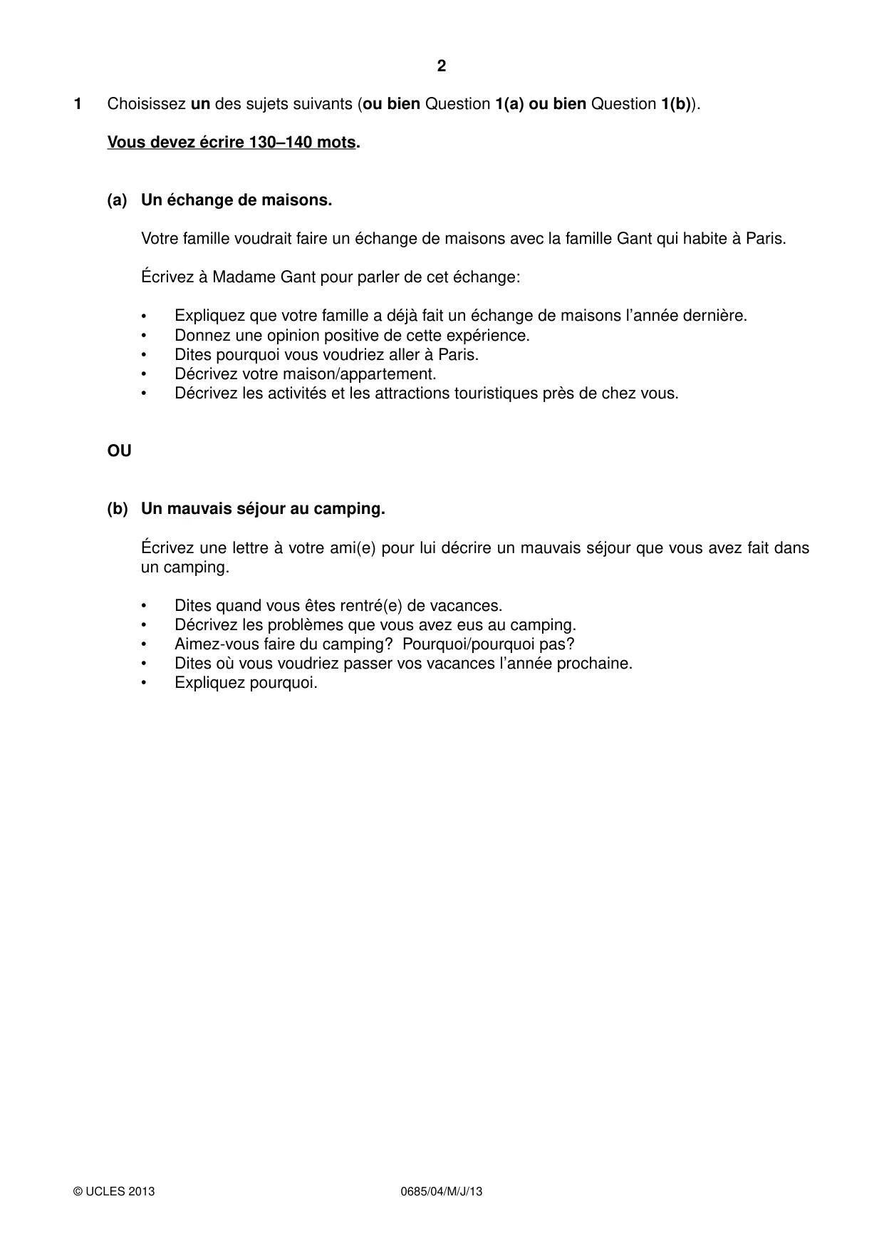 Cambridge IGCSE French - Foreign Language (UK) 0685 2013 May/June Paper 4 · Variant 1 question paper, page 2 of 4