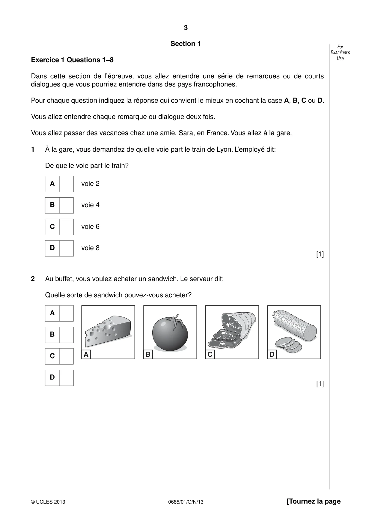 Cambridge IGCSE French - Foreign Language (UK) 0685 2013 Oct/Nov Paper 1 · Variant 1 question paper, page 3 of 12