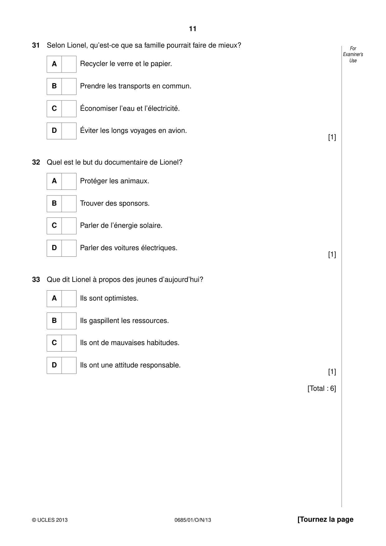 Cambridge IGCSE French - Foreign Language (UK) 0685 2013 Oct/Nov Paper 1 · Variant 1 question paper, page 11 of 12