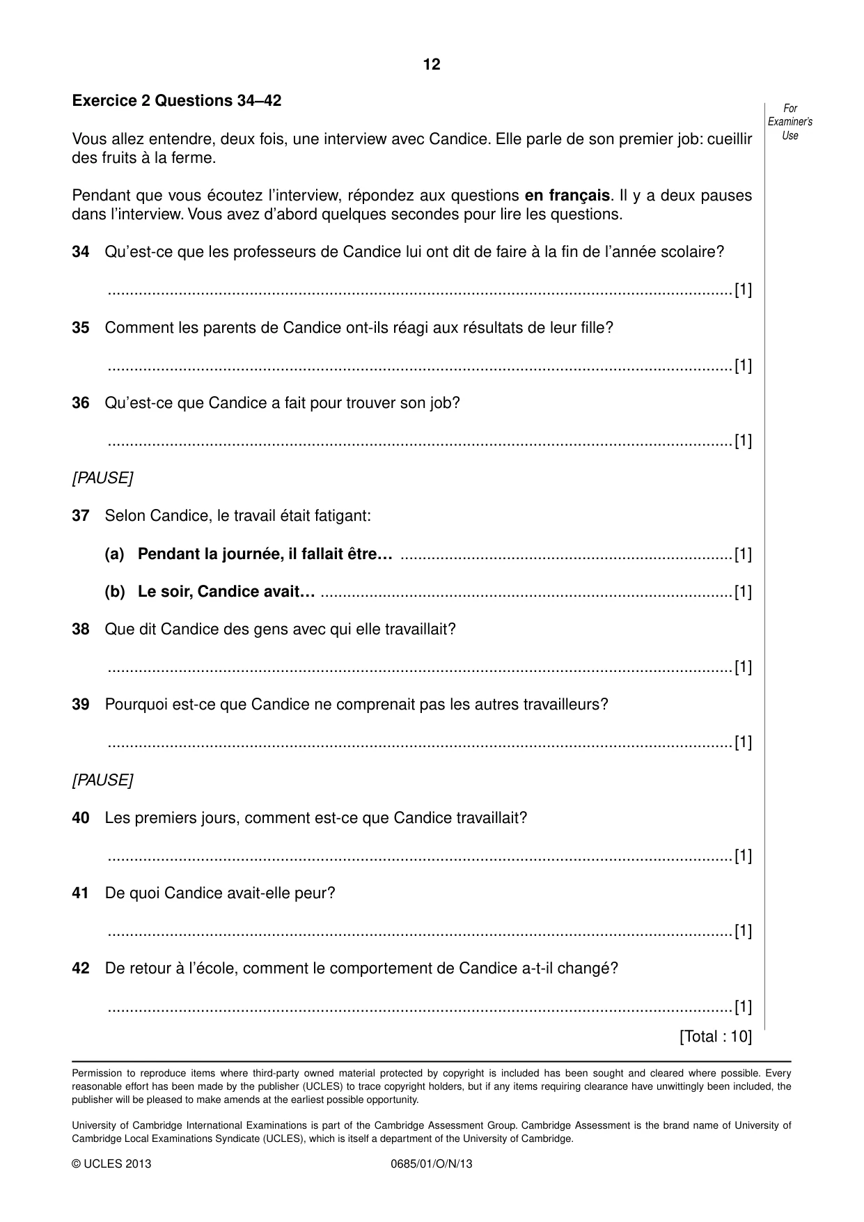Cambridge IGCSE French - Foreign Language (UK) 0685 2013 Oct/Nov Paper 1 · Variant 1 question paper, page 12 of 12