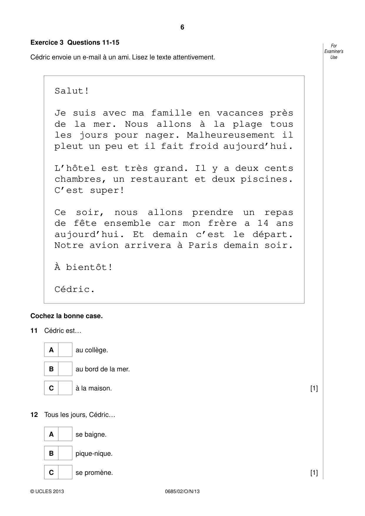 Cambridge IGCSE French - Foreign Language (UK) 0685 2013 Oct/Nov Paper 2 · Variant 1 question paper, page 6 of 20