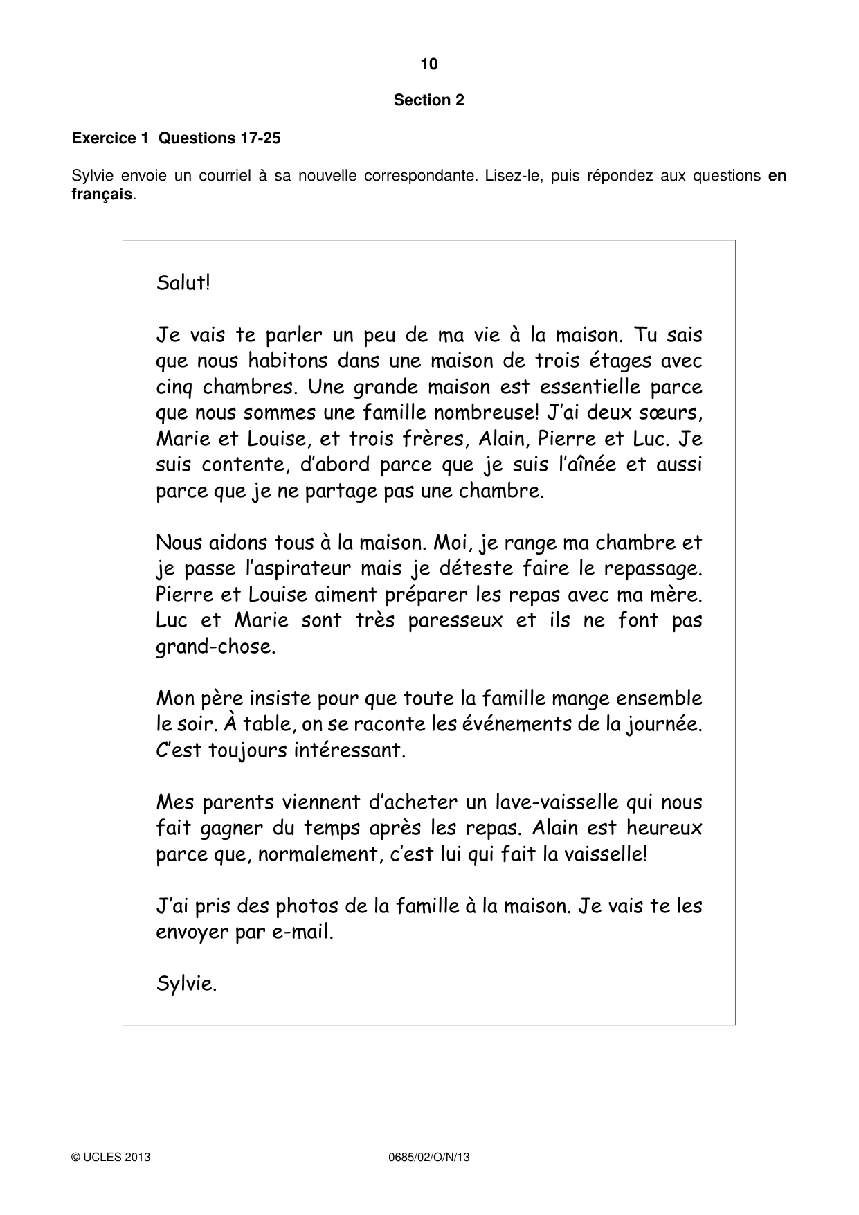 Cambridge IGCSE French - Foreign Language (UK) 0685 2013 Oct/Nov Paper 2 · Variant 1 question paper, page 10 of 20