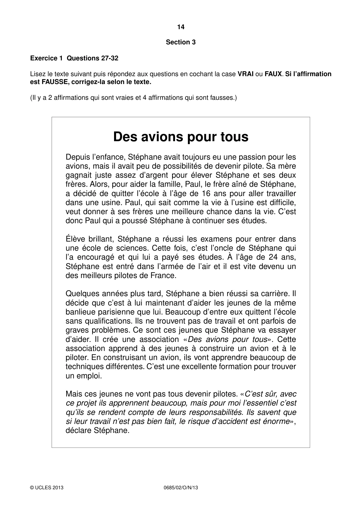Cambridge IGCSE French - Foreign Language (UK) 0685 2013 Oct/Nov Paper 2 · Variant 1 question paper, page 14 of 20