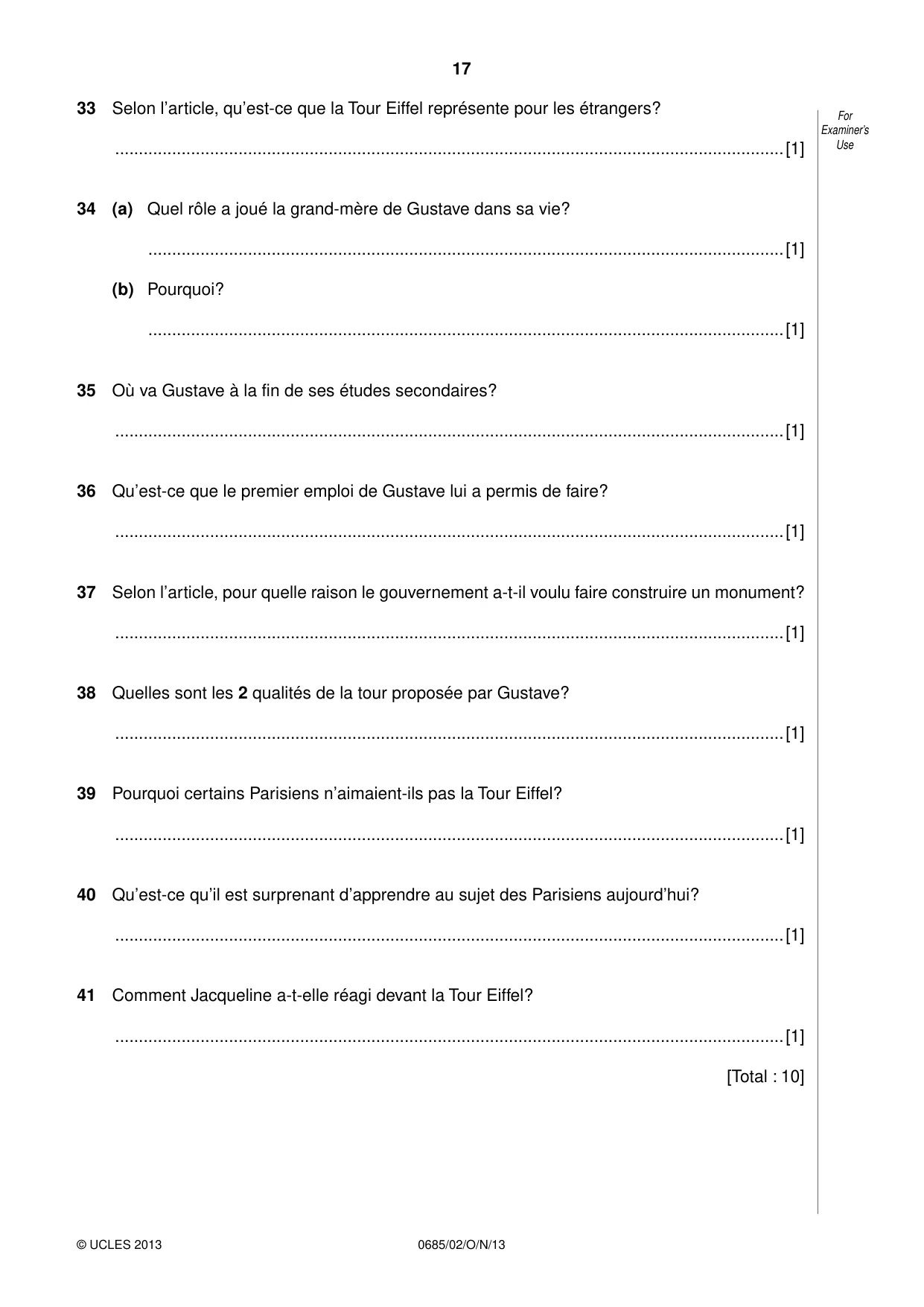 Cambridge IGCSE French - Foreign Language (UK) 0685 2013 Oct/Nov Paper 2 · Variant 1 question paper, page 17 of 20