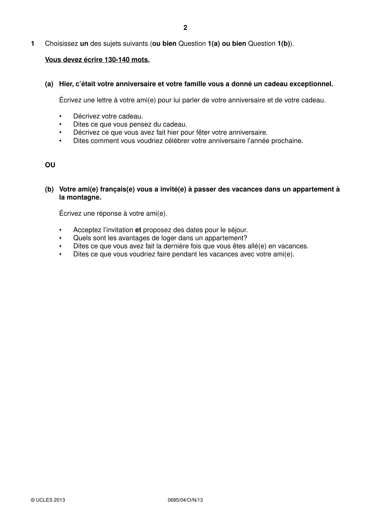 Cambridge IGCSE French - Foreign Language (UK) 0685 2013 Oct/Nov Paper 4 · Variant 1 question paper, page 2 of 4