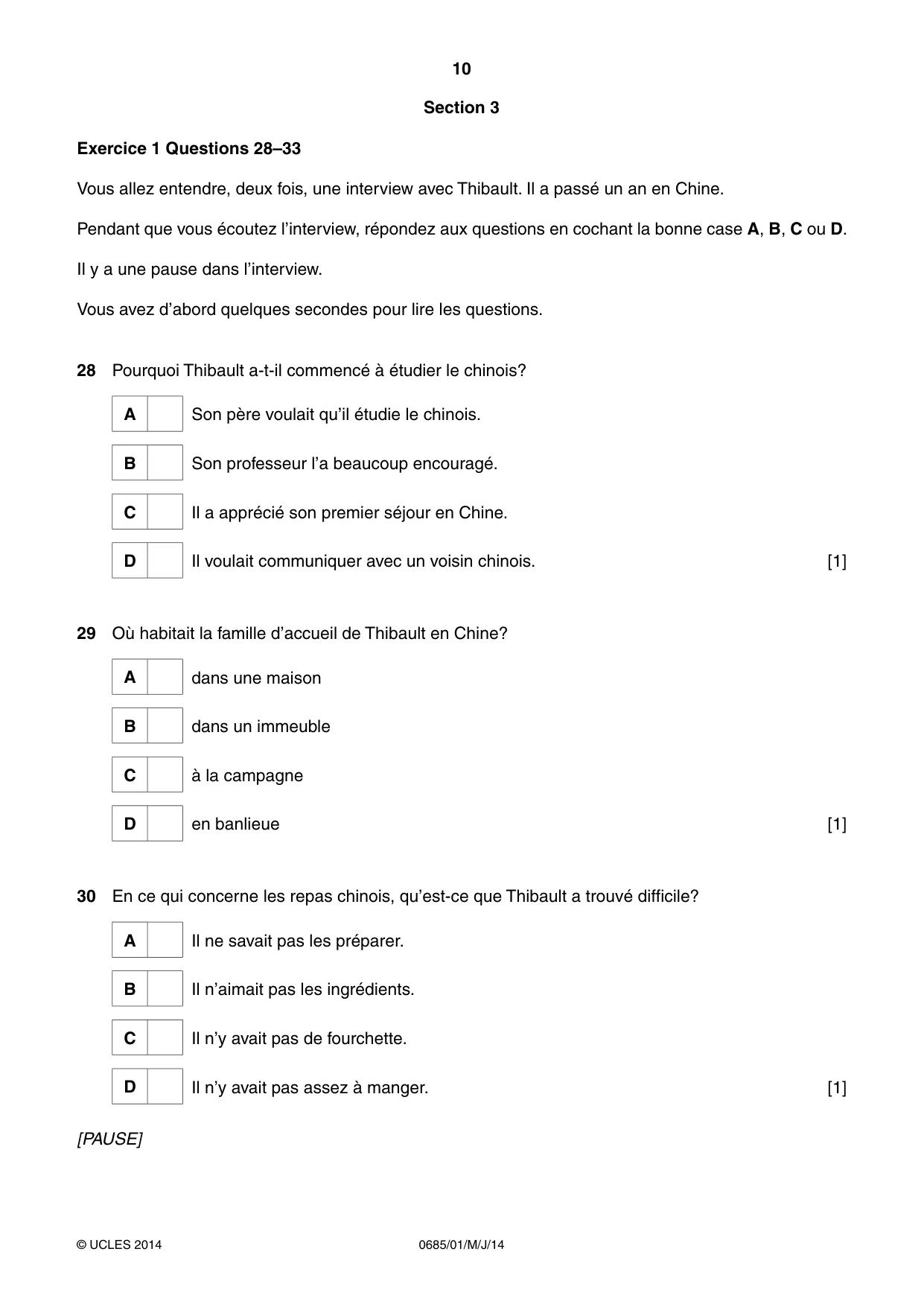Cambridge IGCSE French - Foreign Language (UK) 0685 2014 May/June Paper 1 · Variant 1 question paper, page 10 of 12