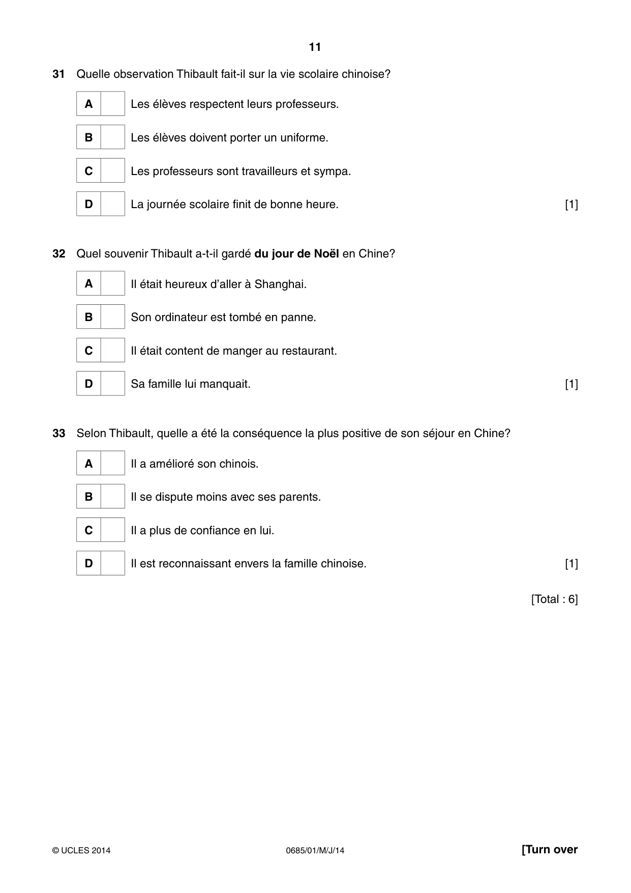 Cambridge IGCSE French - Foreign Language (UK) 0685 2014 May/June Paper 1 · Variant 1 question paper, page 11 of 12