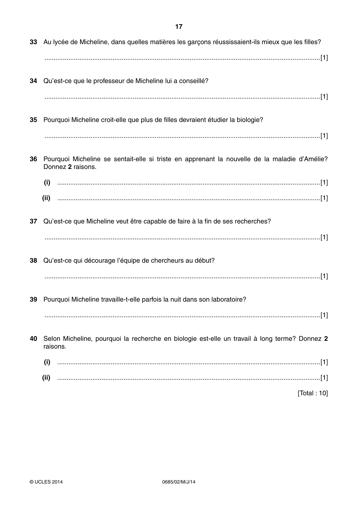 Cambridge IGCSE French - Foreign Language (UK) 0685 2014 May/June Paper 2 · Variant 1 question paper, page 17 of 20