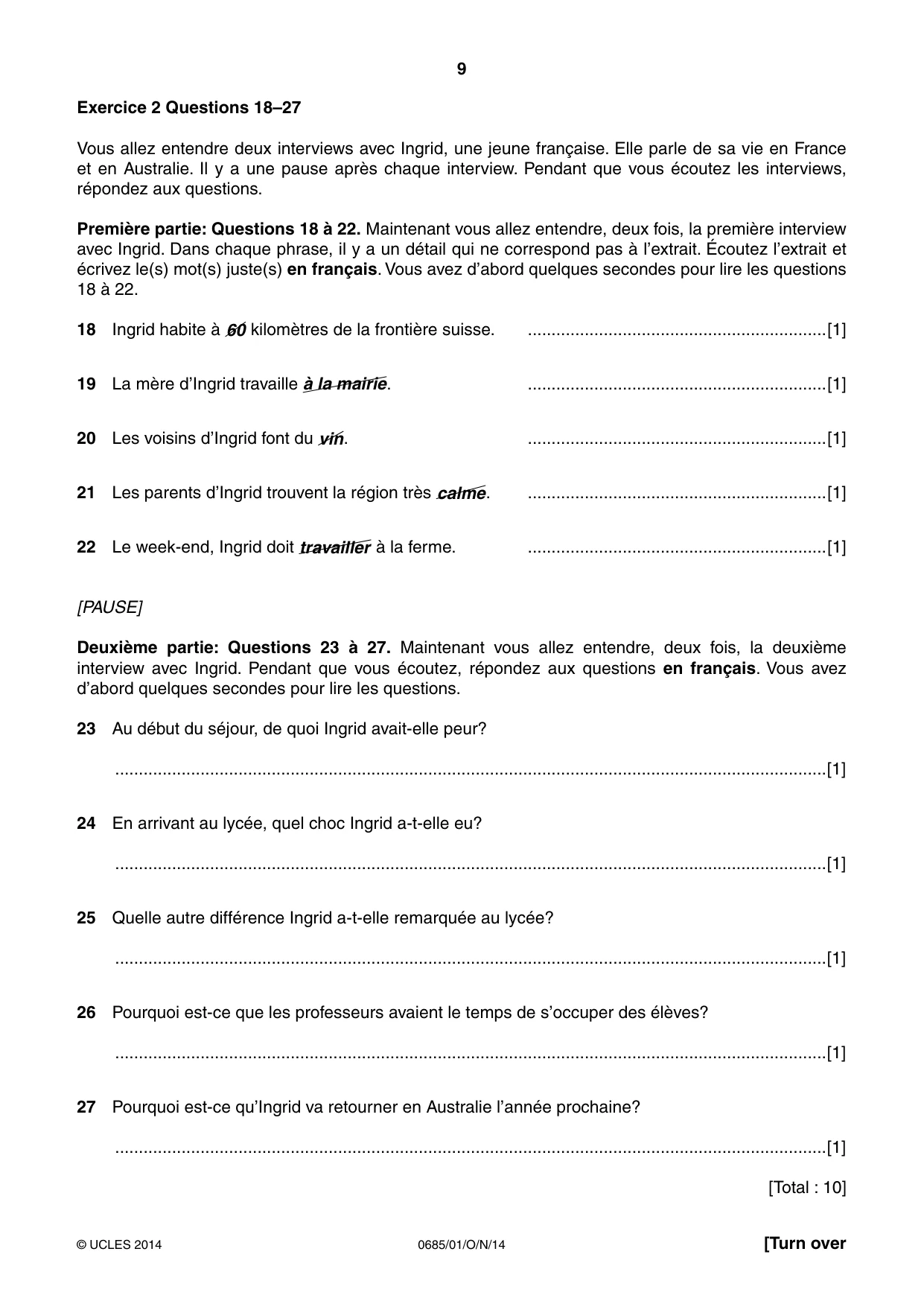 Cambridge IGCSE French - Foreign Language (UK) 0685 2014 Oct/Nov Paper 1 · Variant 1 question paper, page 9 of 12