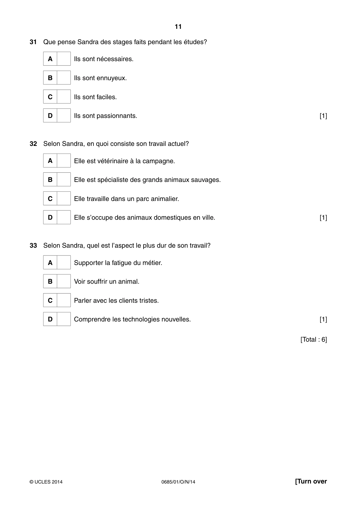 Cambridge IGCSE French - Foreign Language (UK) 0685 2014 Oct/Nov Paper 1 · Variant 1 question paper, page 11 of 12