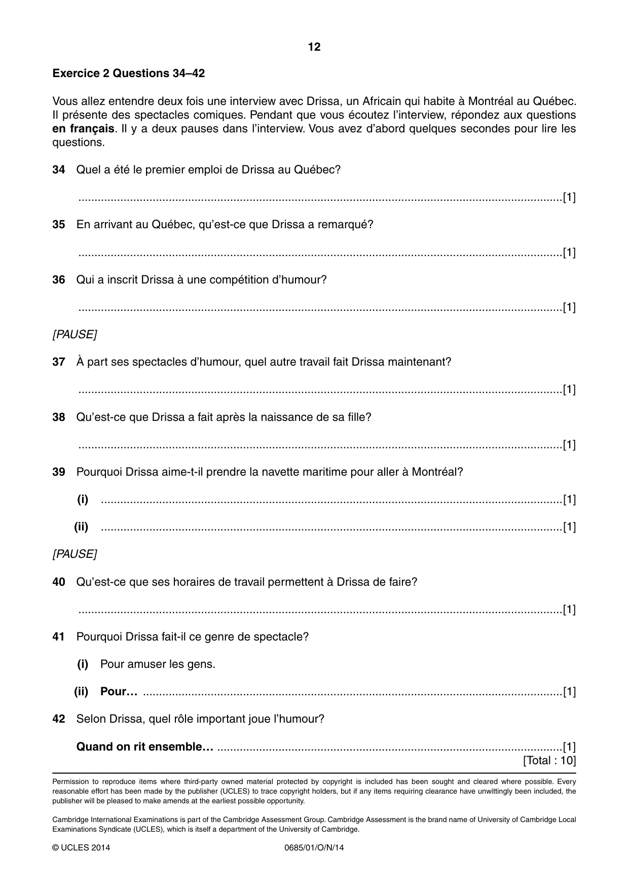 Cambridge IGCSE French - Foreign Language (UK) 0685 2014 Oct/Nov Paper 1 · Variant 1 question paper, page 12 of 12