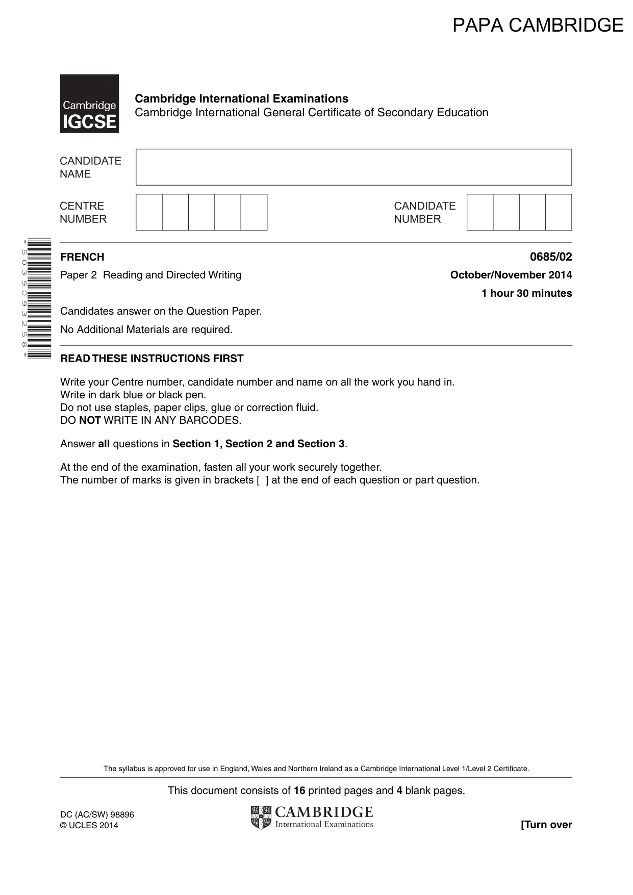 Cambridge IGCSE French - Foreign Language (UK) 0685 2014 Oct/Nov Paper 2 · Variant 1 question paper, page 1 of 20