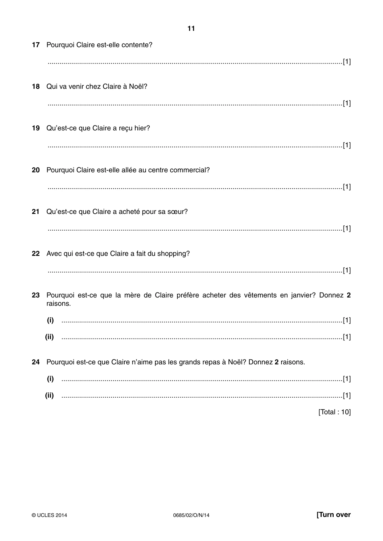 Cambridge IGCSE French - Foreign Language (UK) 0685 2014 Oct/Nov Paper 2 · Variant 1 question paper, page 11 of 20