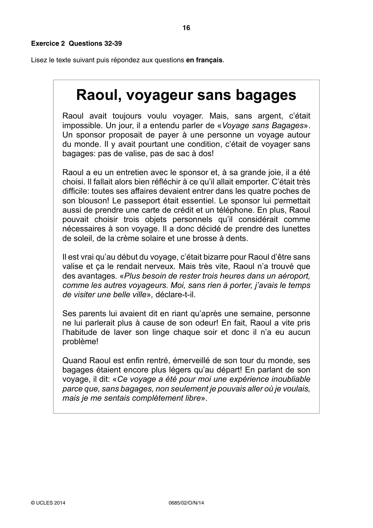 Cambridge IGCSE French - Foreign Language (UK) 0685 2014 Oct/Nov Paper 2 · Variant 1 question paper, page 16 of 20