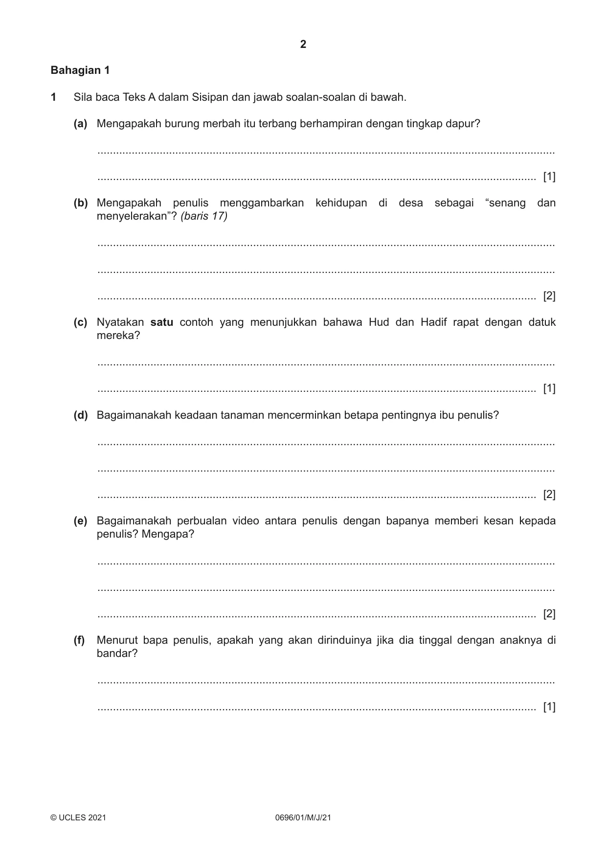 Cambridge IGCSE Malay - First Language 0696 2021 May/June Paper 1 · Variant 0 question paper, page 2 of 8