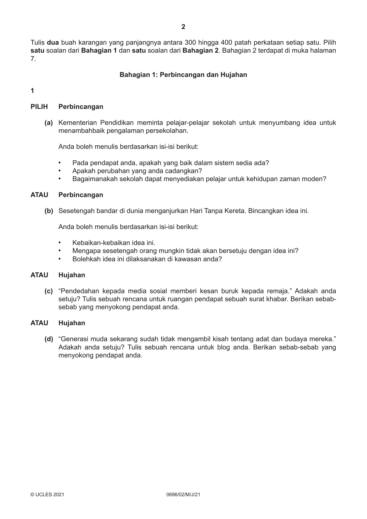 Cambridge IGCSE Malay - First Language 0696 2021 May/June Paper 2 · Variant 0 question paper, page 2 of 12