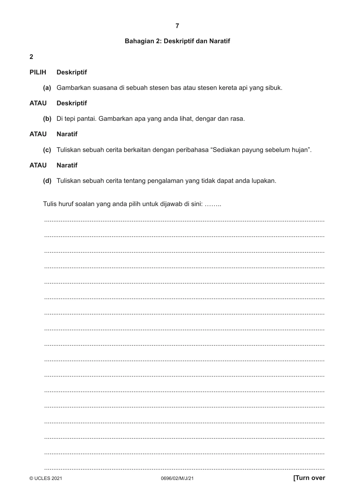Cambridge IGCSE Malay - First Language 0696 2021 May/June Paper 2 · Variant 0 question paper, page 7 of 12