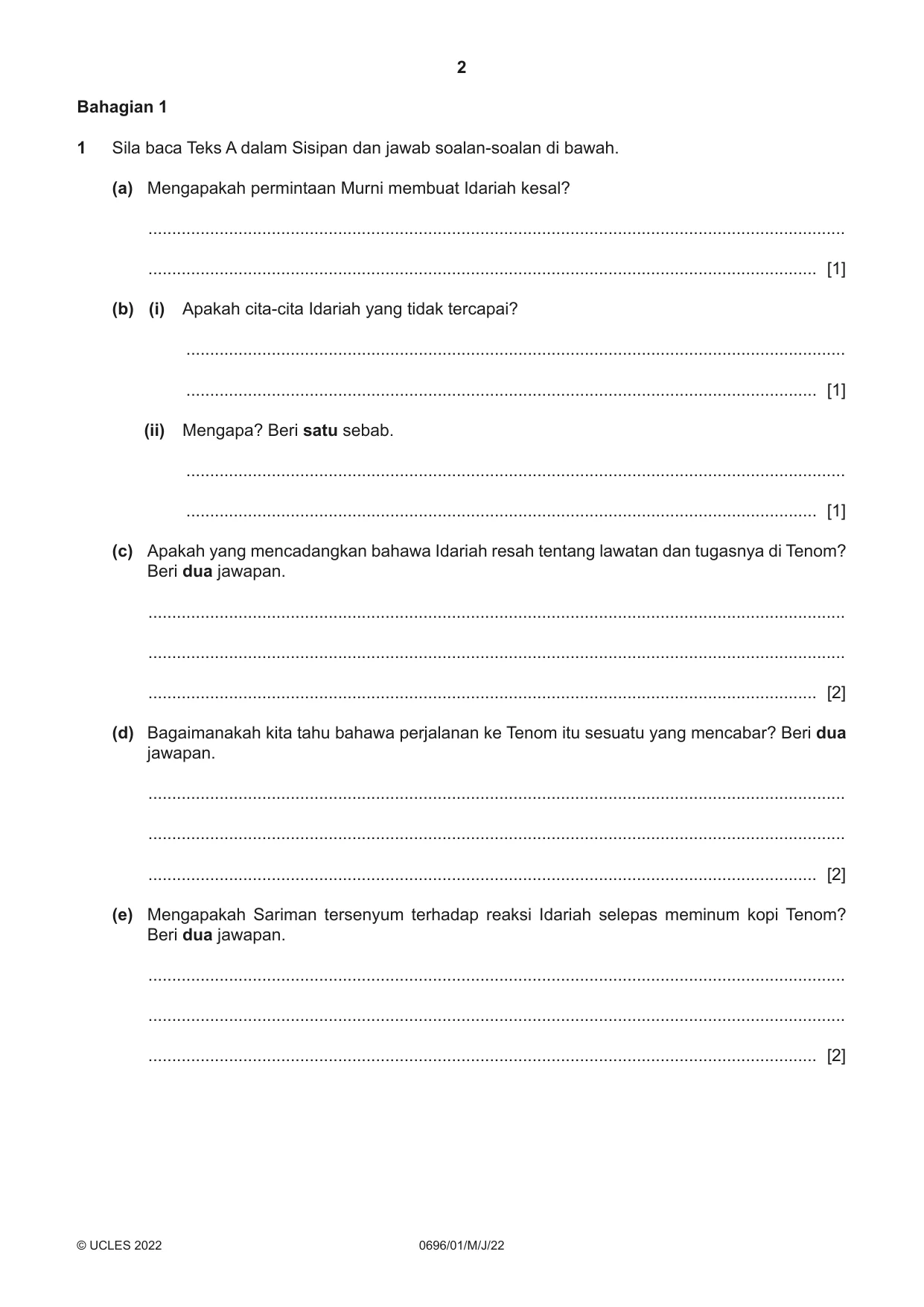 Cambridge IGCSE Malay - First Language 0696 2022 May/June Paper 1 · Variant 0 question paper, page 2 of 8