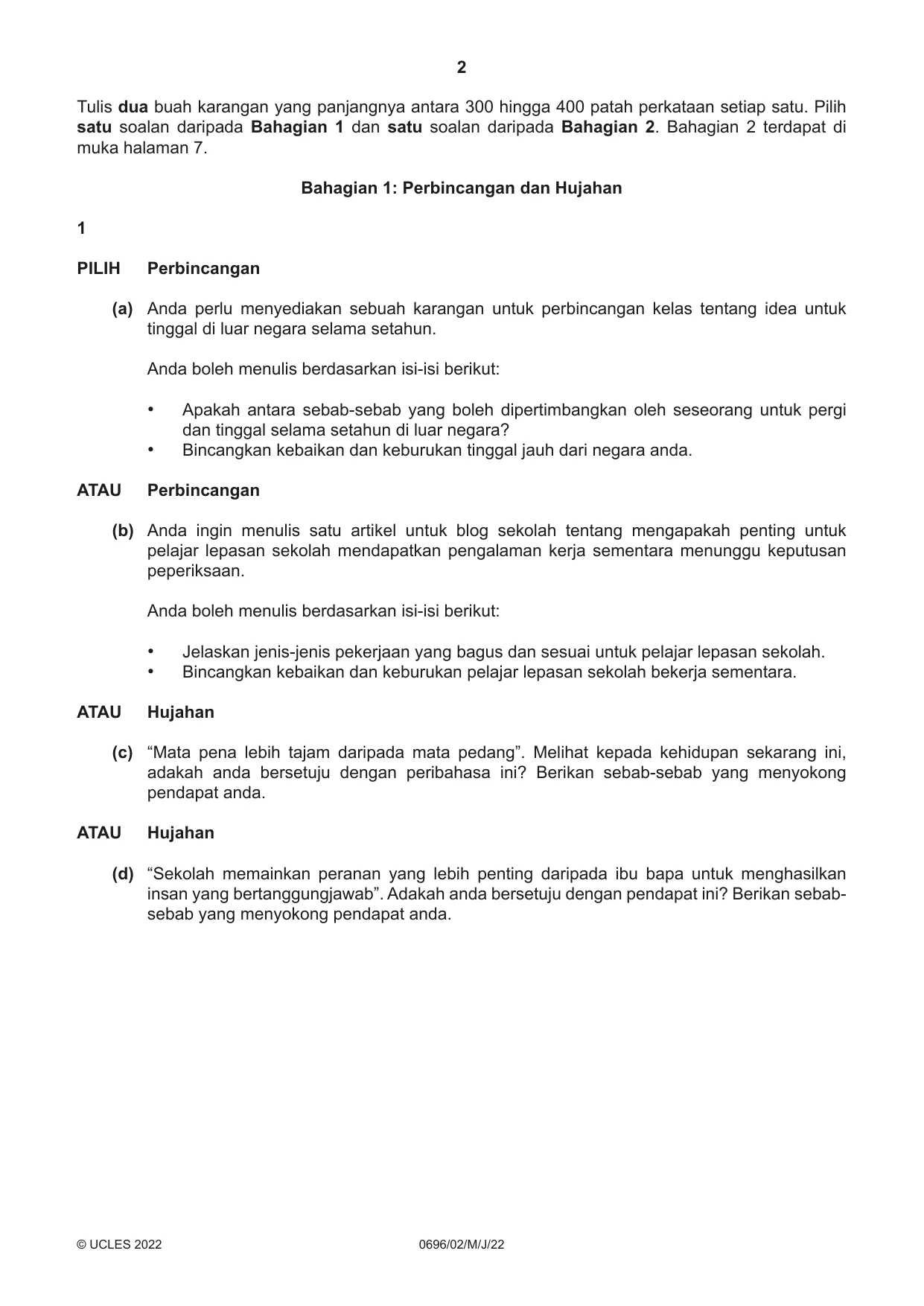 Cambridge IGCSE Malay - First Language 0696 2022 May/June Paper 2 · Variant 0 question paper, page 2 of 12