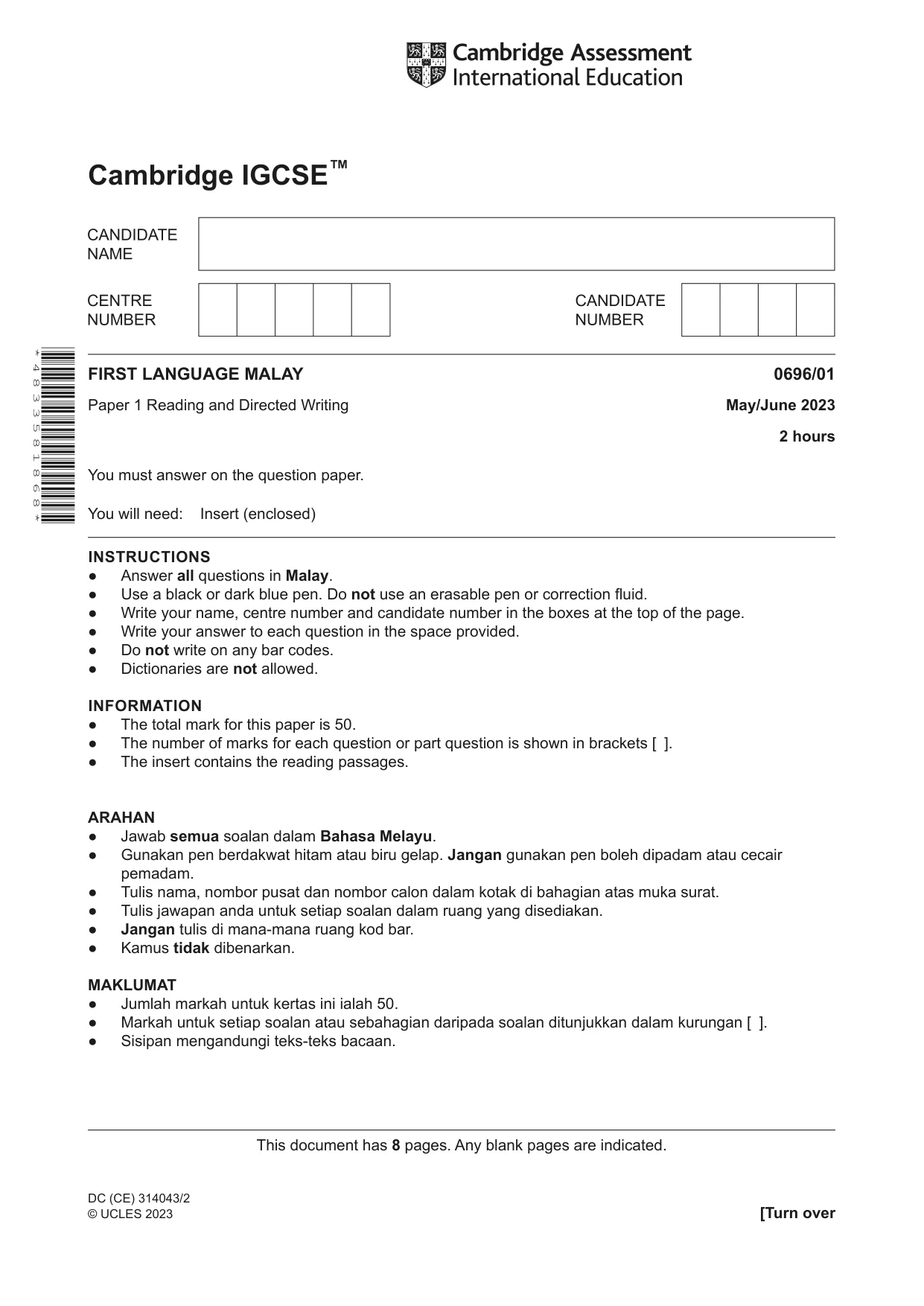 Cambridge IGCSE Malay - First Language 0696 2023 May/June Paper 1 · Variant 0 question paper, page 1 of 8