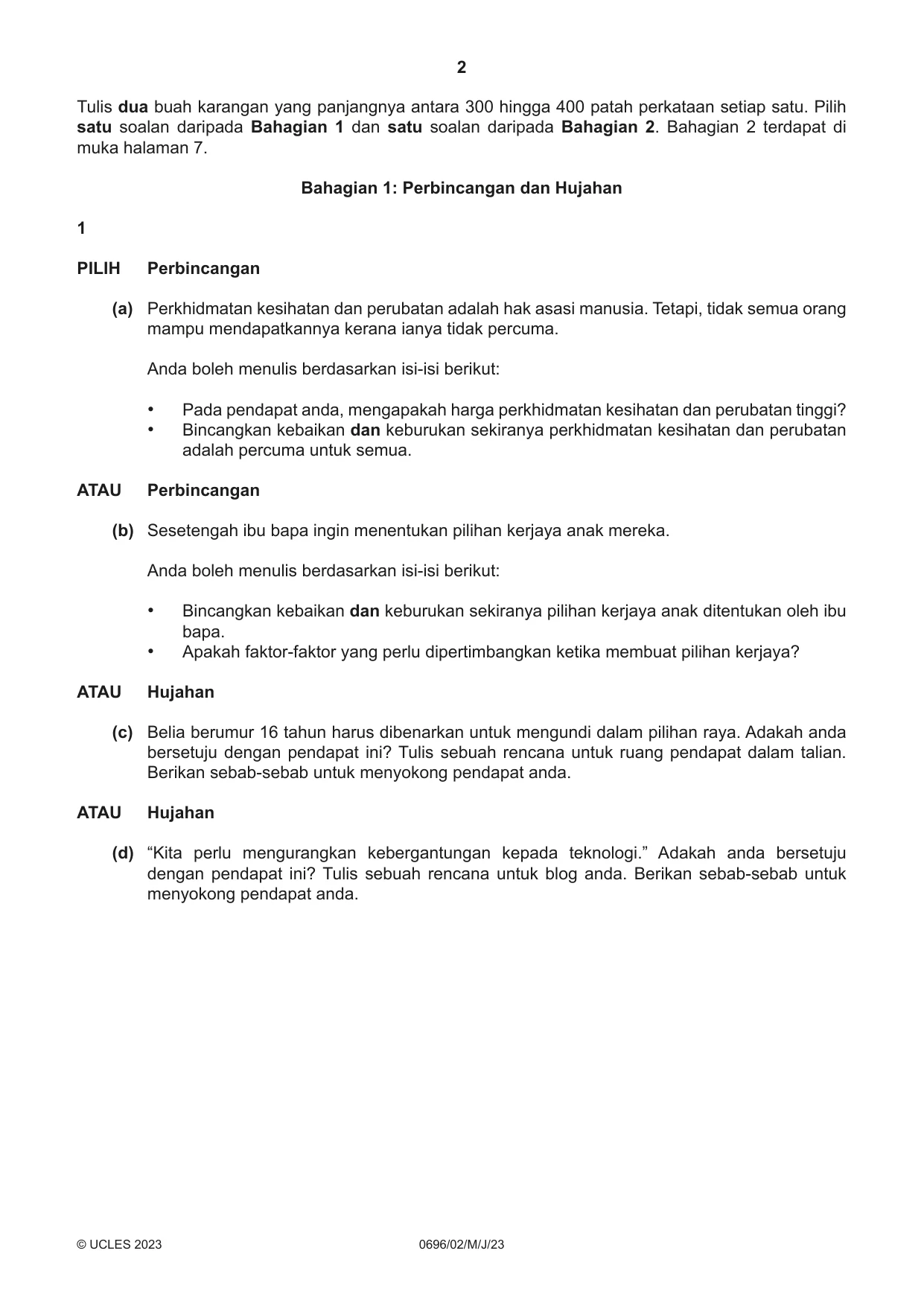 Cambridge IGCSE Malay - First Language 0696 2023 May/June Paper 2 · Variant 0 question paper, page 2 of 12