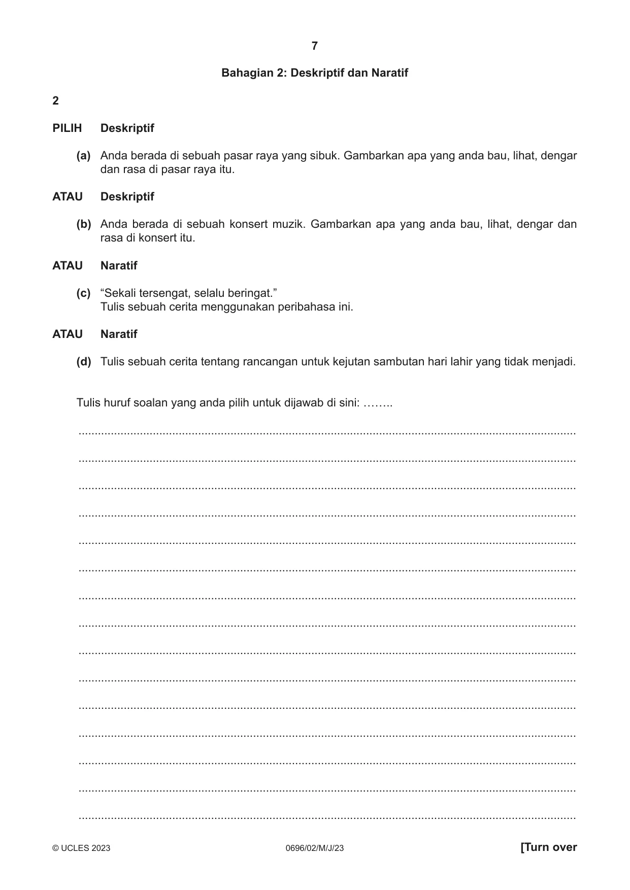 Cambridge IGCSE Malay - First Language 0696 2023 May/June Paper 2 · Variant 0 question paper, page 7 of 12