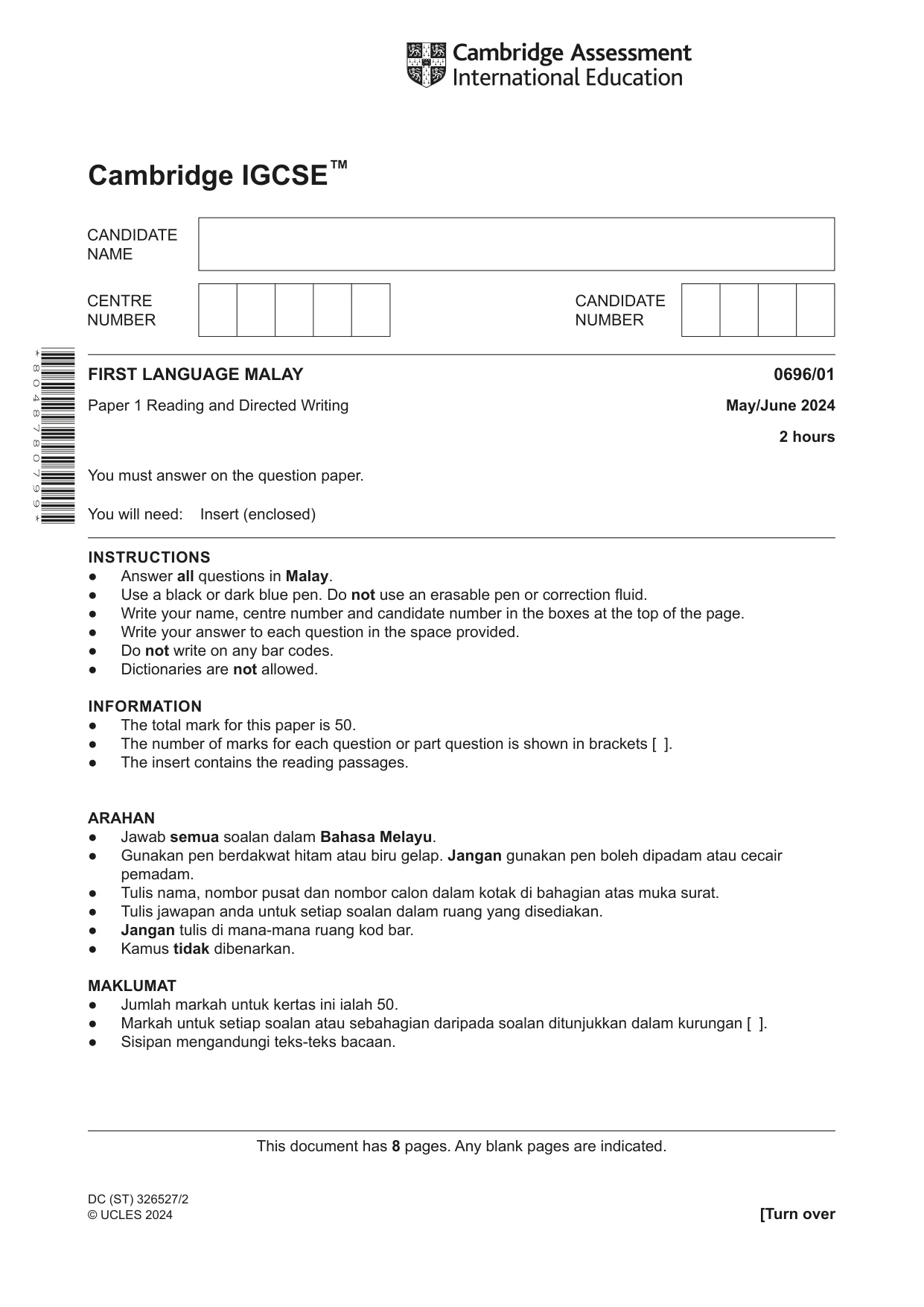 Cambridge IGCSE Malay - First Language 0696 2024 May/June Paper 1 · Variant 0 question paper, page 1 of 8