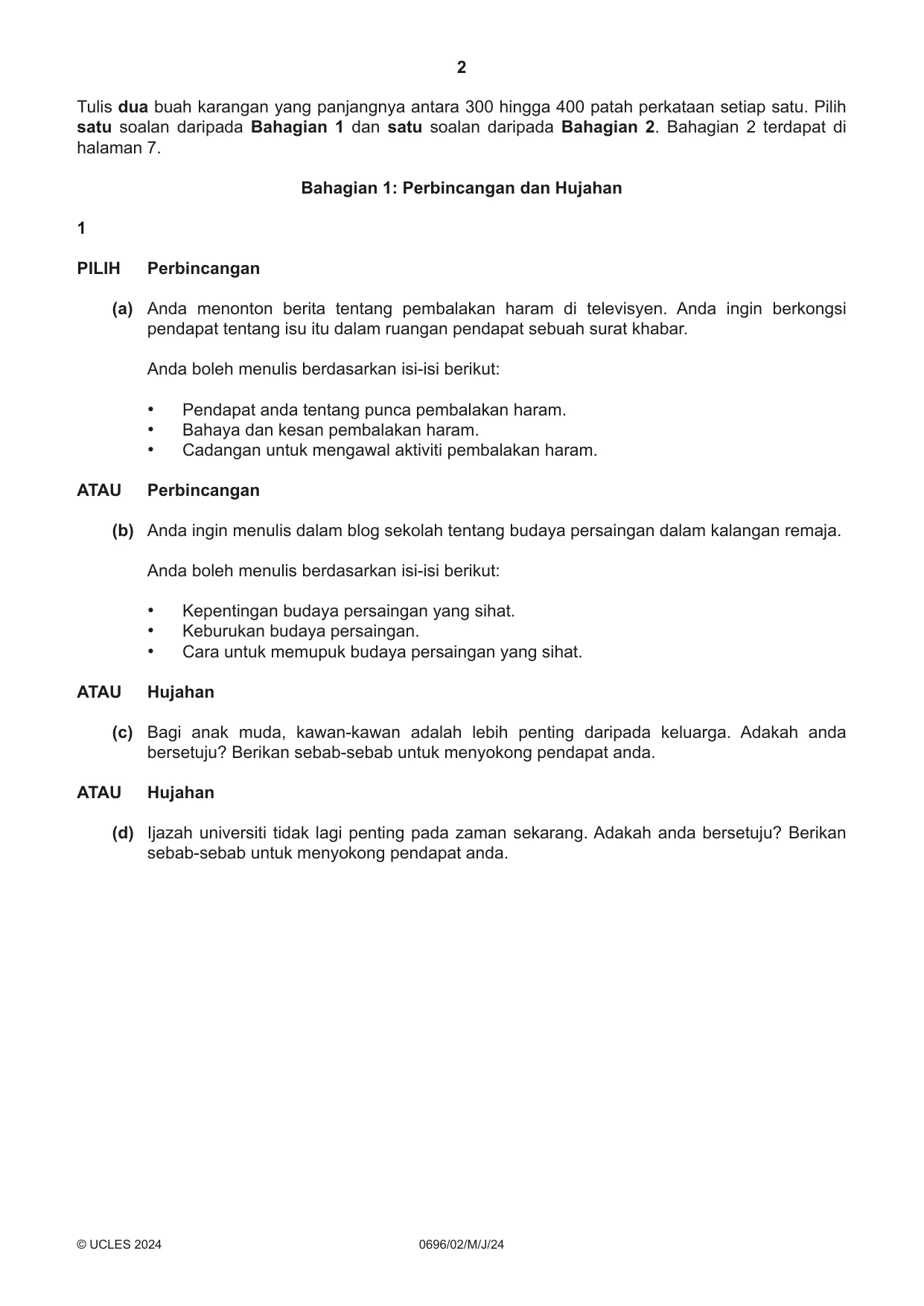 Cambridge IGCSE Malay - First Language 0696 2024 May/June Paper 2 · Variant 0 question paper, page 2 of 12