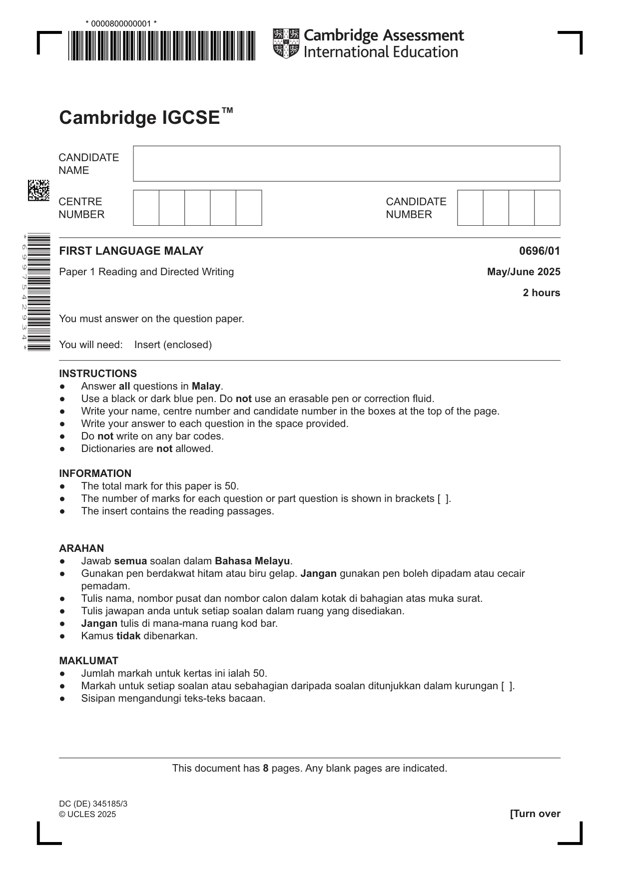 Cambridge IGCSE Malay - First Language 0696 2025 May/June Paper 1 · Variant 0 question paper, page 1 of 8