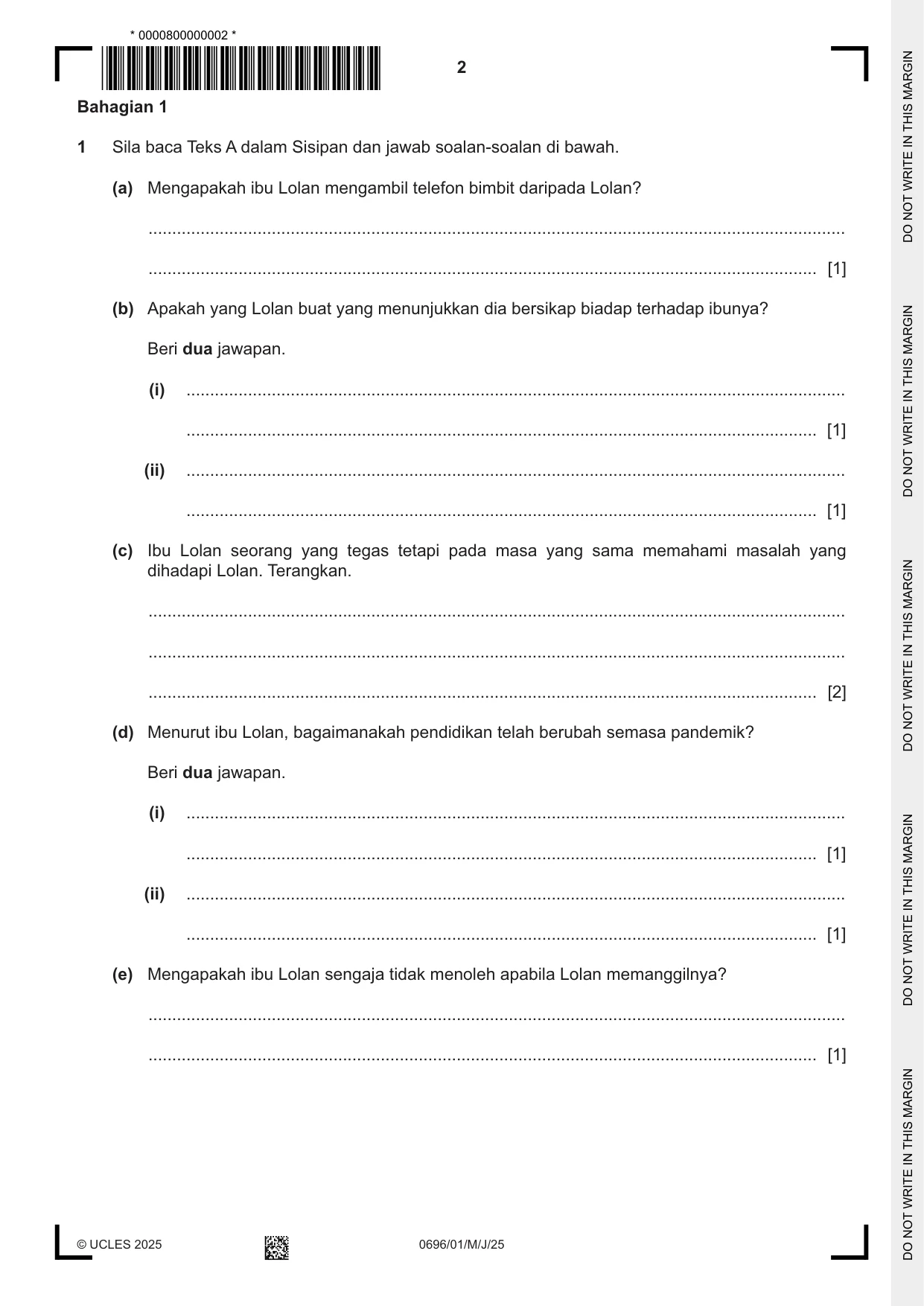 Cambridge IGCSE Malay - First Language 0696 2025 May/June Paper 1 · Variant 0 question paper, page 2 of 8