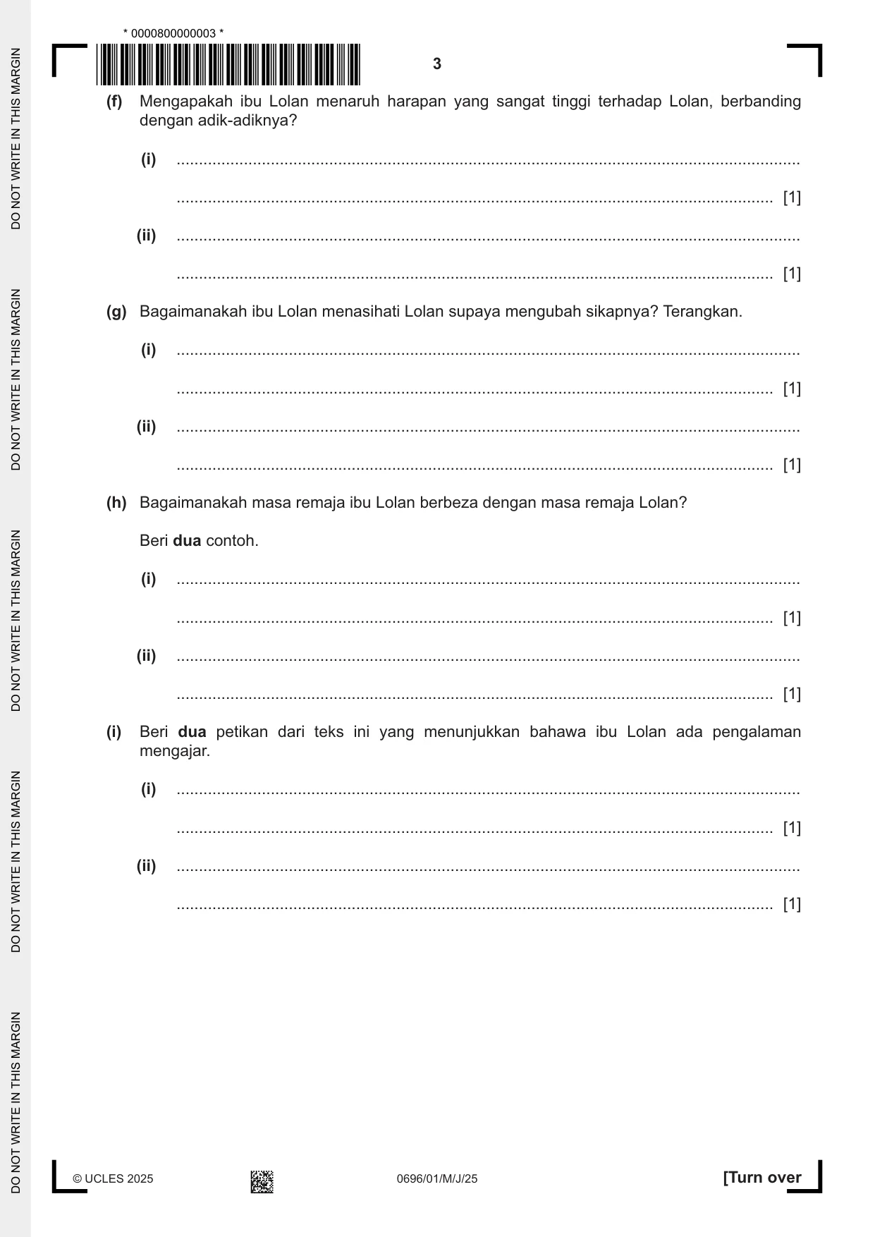 Cambridge IGCSE Malay - First Language 0696 2025 May/June Paper 1 · Variant 0 question paper, page 3 of 8