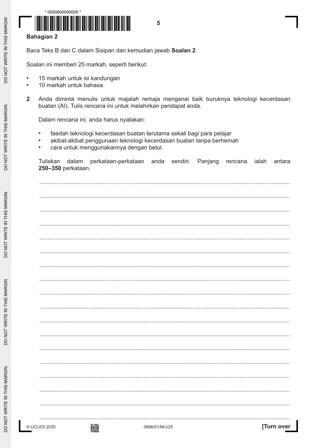 Cambridge IGCSE Malay - First Language 0696 2025 May/June Paper 1 · Variant 0 question paper, page 5 of 8
