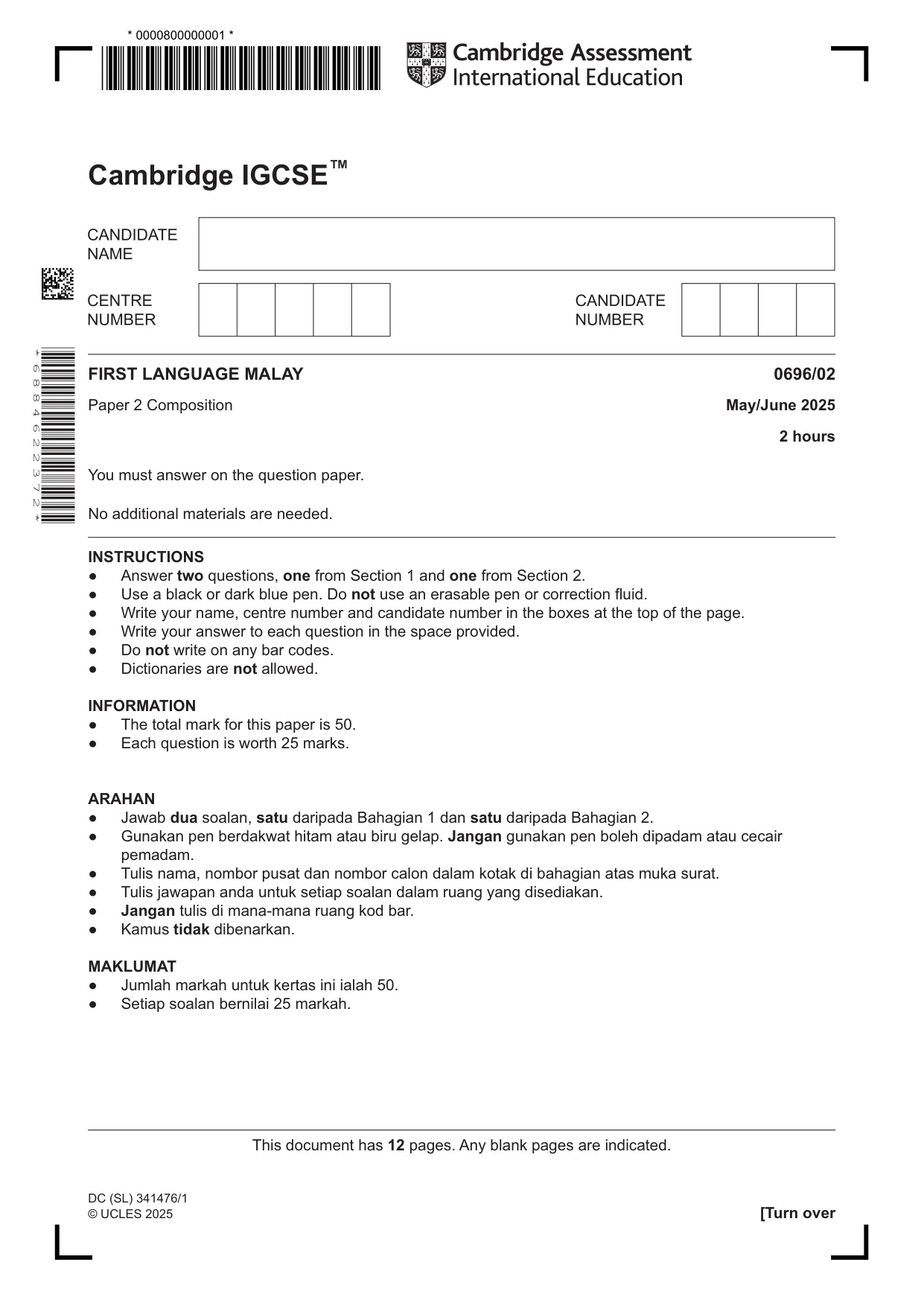Cambridge IGCSE Malay - First Language 0696 2025 May/June Paper 2 · Variant 0 question paper, page 1 of 12