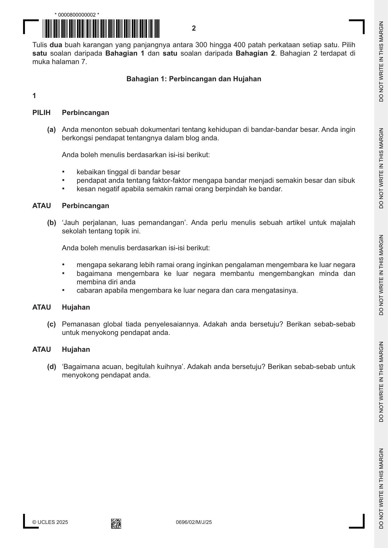 Cambridge IGCSE Malay - First Language 0696 2025 May/June Paper 2 · Variant 0 question paper, page 2 of 12