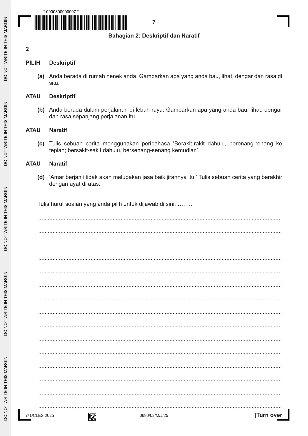 Cambridge IGCSE Malay - First Language 0696 2025 May/June Paper 2 · Variant 0 question paper, page 7 of 12