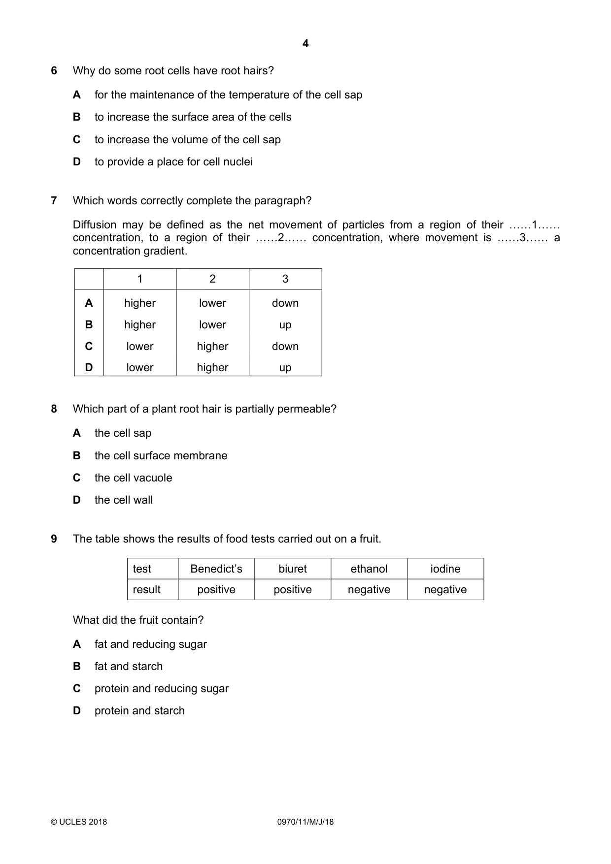 Cambridge IGCSE Biology (9-1) 0970 2018 May/June Paper 1 · Variant 1 question paper, page 4 of 16